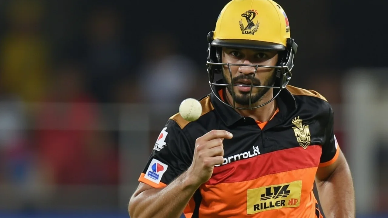 Editorial sideline action frame of an IPL batter playing an off-side shot under floodlights, used here to visualise the Samson-CSK and Jadeja-RR movement