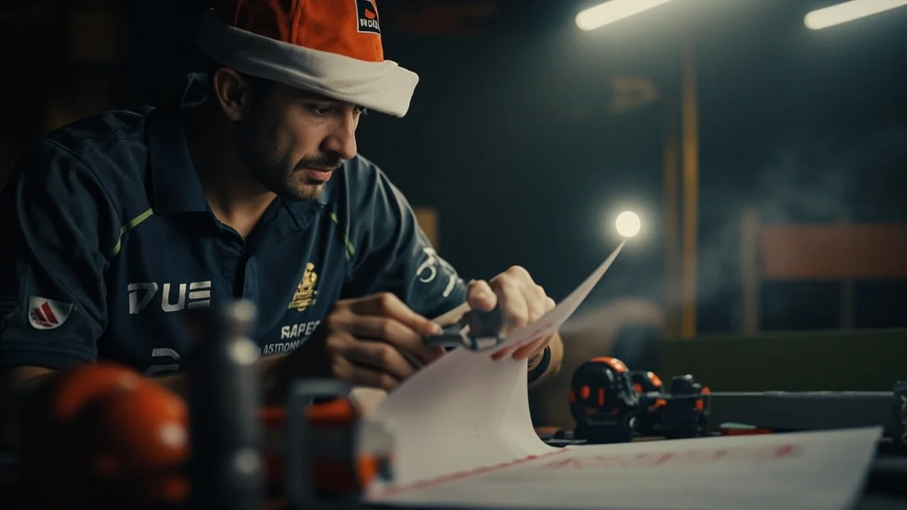 Editorial view of an IPL tactical briefing room with franchise staff reviewing playing-XI sheets and purse arithmetic, the same kind of room where the KKR Mustafizur release was processed against the reserve-price rule for the 2026 RAPP